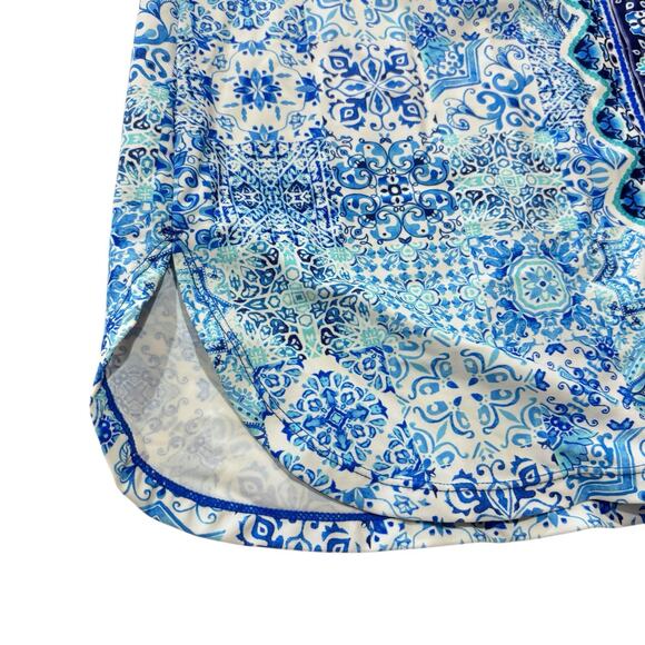 Aqua et Sol Dress Cover-Up Button-Front Women’s M Roll-Tab Blue Patchwork Print - Picture 11 of 13